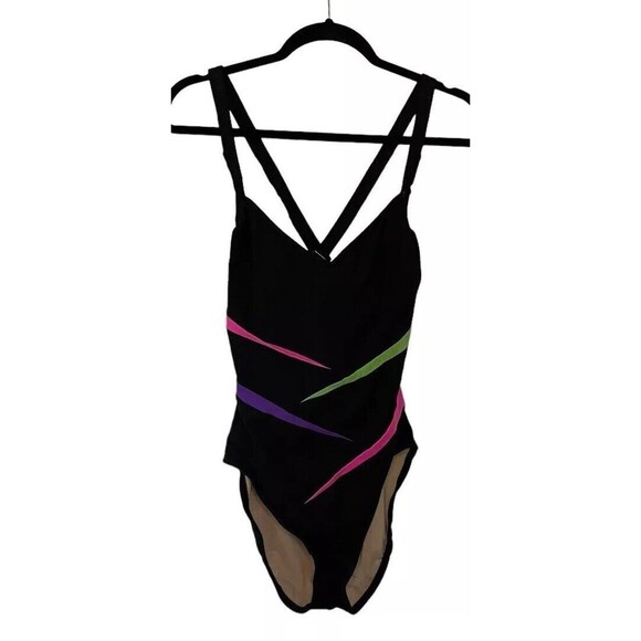 Carol Wior Other - Vintage Retro Black Neon Carol Wior One Piece Swimsuit 80’s 90’s Pink Purple 10